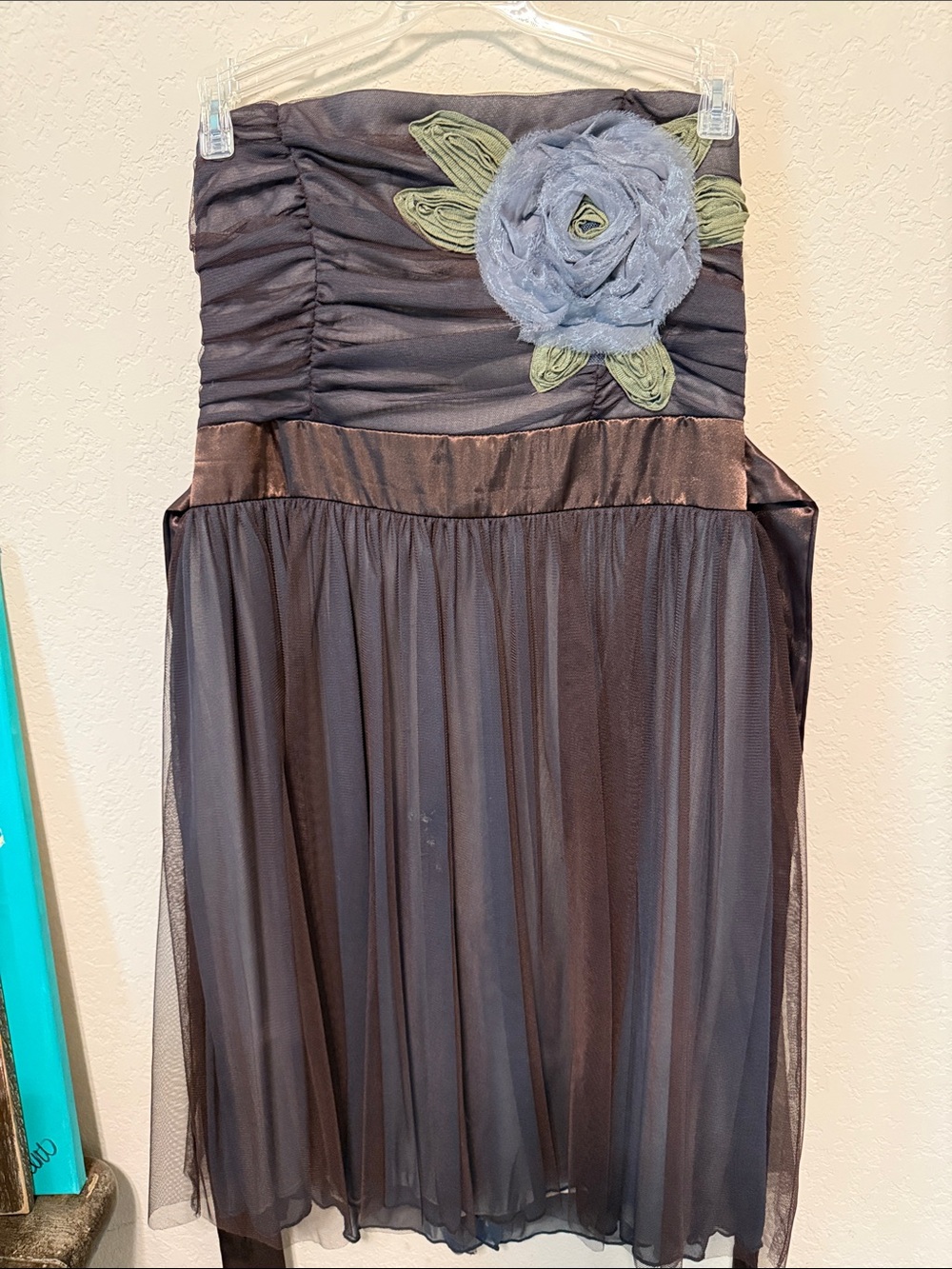 Teeze Me Strapless Black Dress with Olive and Gray Floral Accent